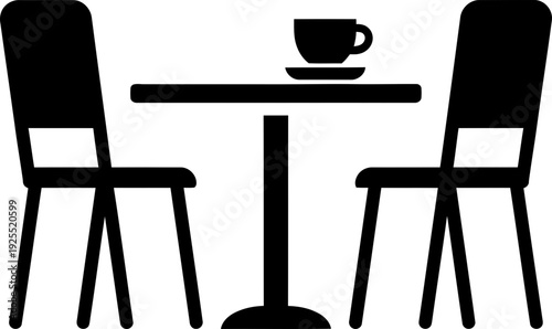Table with two chairs and a cup, representing a coffee break or cafe setting. Simple solid icon for restaurant menu or dating app