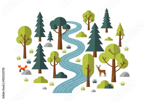 Illustration of a serene forest landscape with a winding river, featuring trees, rocks, and wildlife, set against a clean white background video.