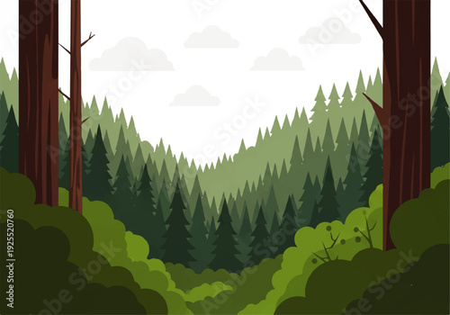 Digital illustration of a serene forest landscape with tall trees and lush greenery against a white background with subtle clouds in a minimalist style for use as a Background Video.