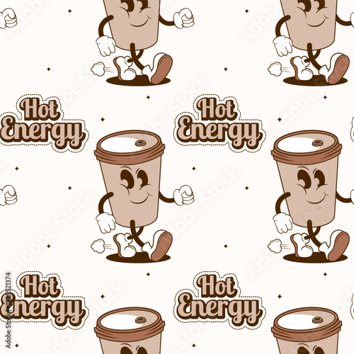 Vintage coffee mascot seamless pattern for packaging and textil