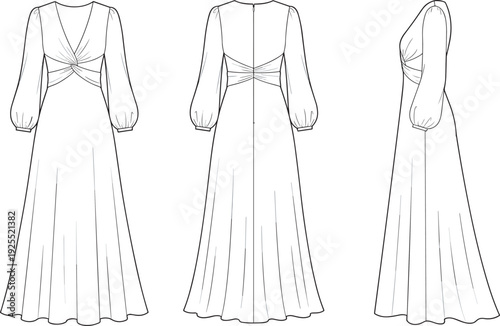 Modern long sleeve maxi dress technical fashion illustration, front back side view flat sketch for women apparel design