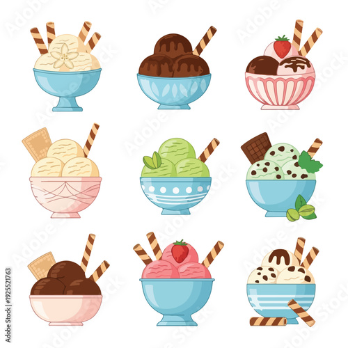 Colorful Ice Cream Bowls with Toppings and Cookies