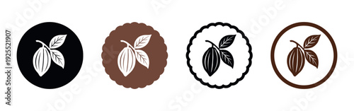 Cacao beans vector flat logo symbols set on white background. Hand drawn cocoa chocolate organic illustrations in vintage style for branding, web and design packages.
