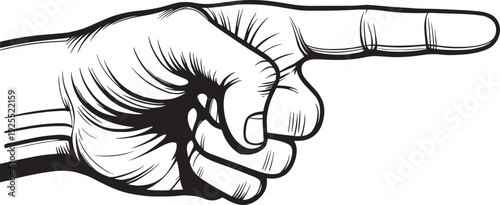 Pointing hand gesture illustration, vintage engraved finger direction symbol isolated black and white vector