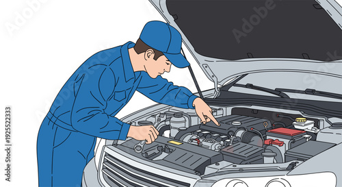 A mechanic in a blue cap and jumpsuit points at a car engine while holding a wrench under an open silver vehicle hood.