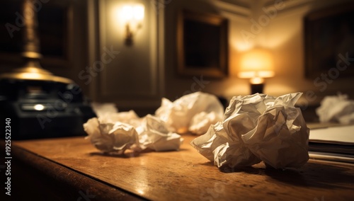 Crumpled Paper on Wooden Desk in Office.