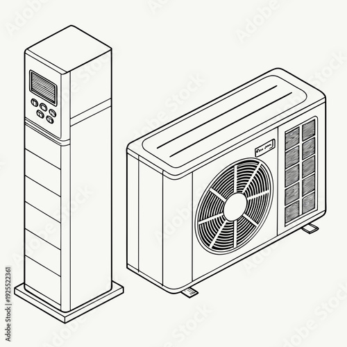 Isometric outline drawing of a portable air conditioner unit and an outdoor condenser unit, illustrating cooling technology for homes and businesses.