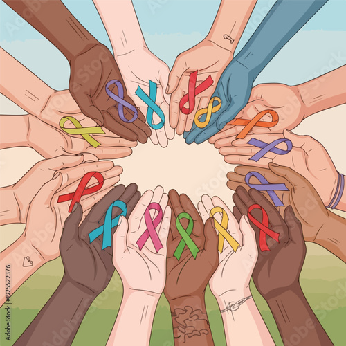 Diverse hands holding awareness ribbons in unity and support