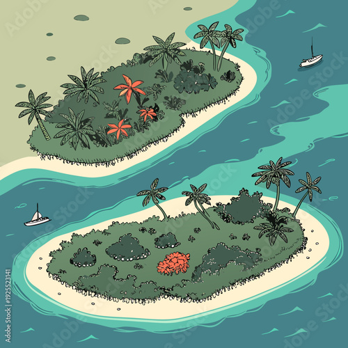 Stylized illustration of two tropical islands with palm trees, boats, and lush vegetation in turquoise water