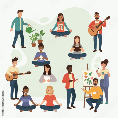 Diverse people relaxing and enjoying hobbies together
