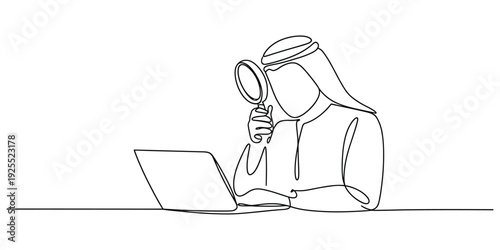 Single line drawing of arab businessman researching on laptop with magnifying glass