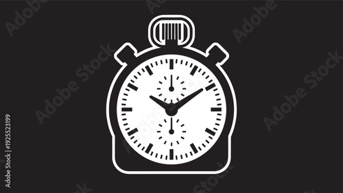 Stopwatch timer icon illustration, classic chronometer time measurement symbol isolated black and white vector