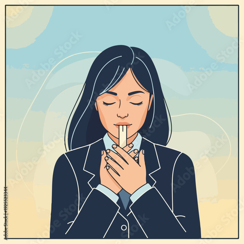 Woman in business suit with finger on lips secrecy gesture