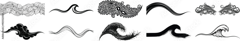 Fototapeta premium Collection of black and white wave and floral water ocean curl