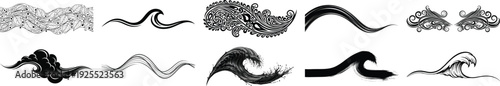 Collection of black and white wave and floral water ocean curl