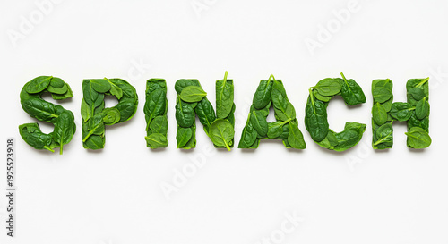 Fresh Green Spinach Leaves Forming Word Spinach on Clean White Background, Healthy Eating Concept, Vegan Organic Food Banner for National Spinach Day