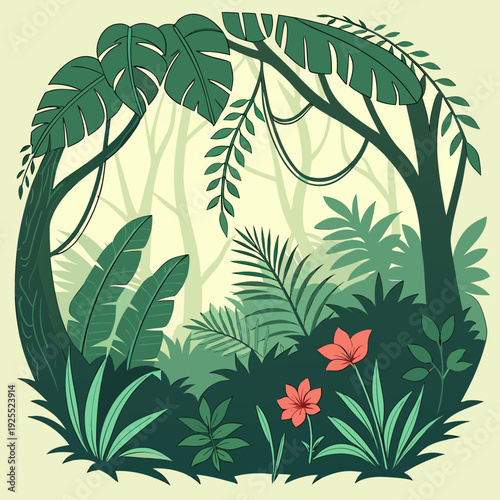 Enchanting jungle scene framed by lush tropical leaves and vines, featuring vibrant red flowers blooming amidst the dense green foliage.