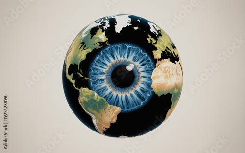 Global Vision and Environmental Awareness Concept with Earth Planet Forming a Human Blue Iris and Pupil in Detailed 3D Render