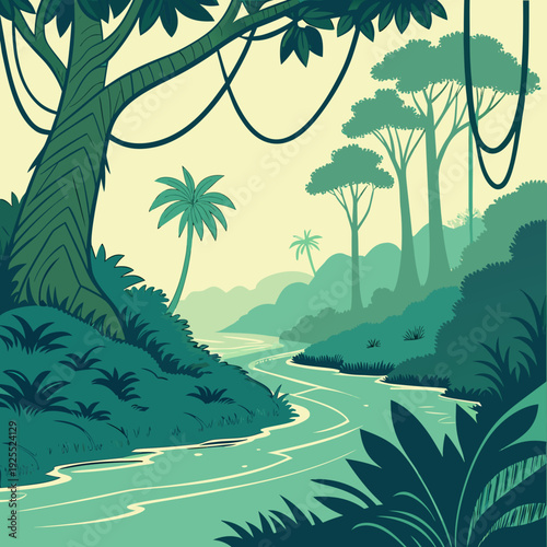 Stylized jungle river flowing through lush green vegetation and distant misty mountains, serene landscape illustration