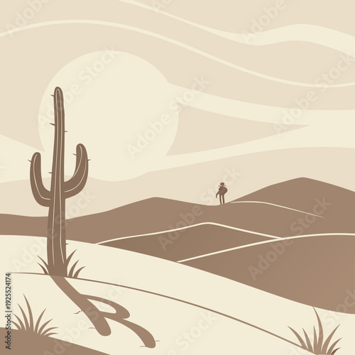 Lone traveler stands in a vast, minimalist desert landscape with a giant saguaro cactus and sun, solitude and journey concept