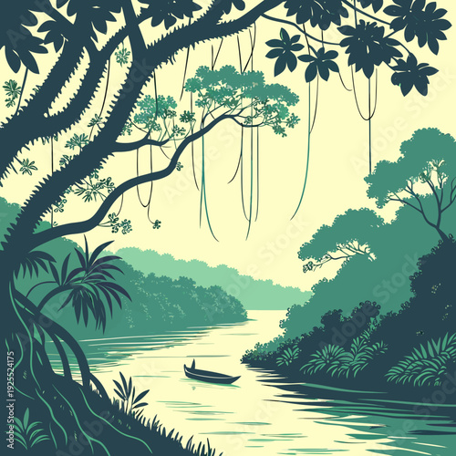 Stylized Amazon river journey with a lone boat navigating through dense jungle, serene and adventurous travel illustration