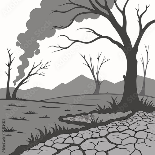 A desolate landscape illustration depicting cracked earth, bare trees, and smoke rising, symbolizing environmental disaster.