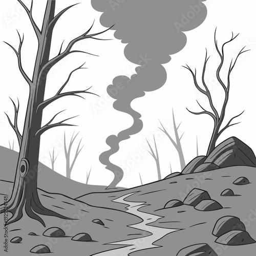 A stark, illustrated landscape of a dry, barren environment with dead trees, rocks, and a winding stream under smoky skies.