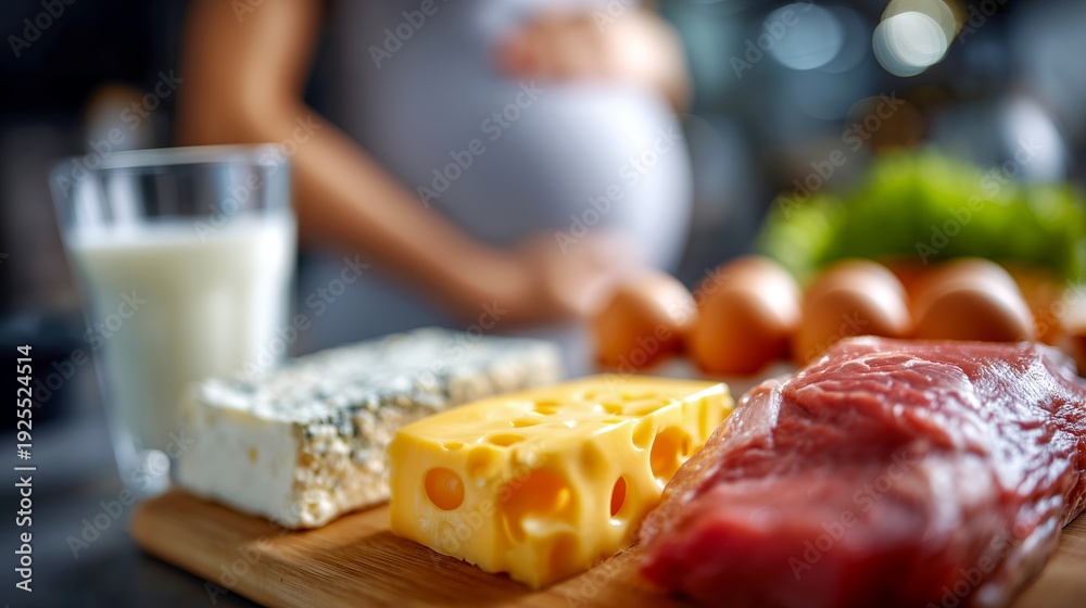 Fototapeta premium Balanced Prenatal Diet Concept With Dairy and Meat