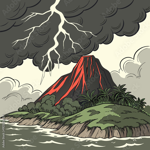 A tropical island volcano erupts with lava flowing into the sea, under a dark, stormy sky with lightning strikes.