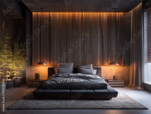 A bedroom with a black bed and a black wall