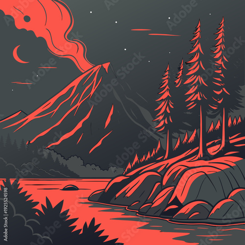 Stylized vector illustration of a volcanic eruption at night, with molten lava streaming down a mountain into a body of water, surrounded by pine trees.