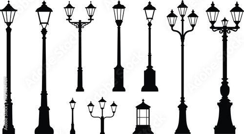Classic vintage street lamp silhouettes set, decorative urban lantern light posts collection, outdoor architectural lighting concept