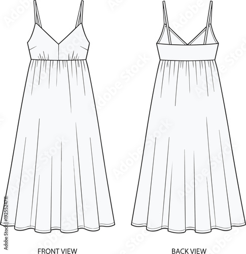 Women V-neck spaghetti strap A-line midi dress technical flat sketch, front and back view illustration