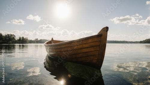 Wooden boat floating peacefully on a calm lake under a bright sun.