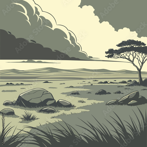 Dramatic African savanna landscape with a lone acacia tree under a stormy sky, scattered rocks, and dry grass in a vintage green illustration.