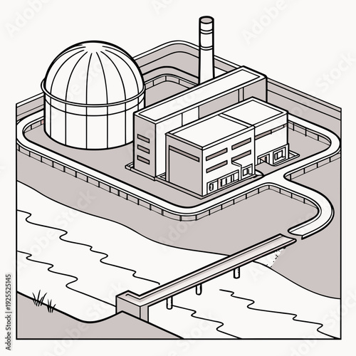 A black and white drawing of a nuclear power plant
