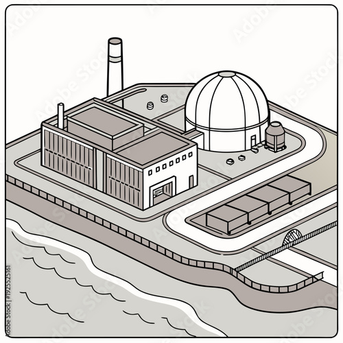 A black and white drawing of a nuclear power plant