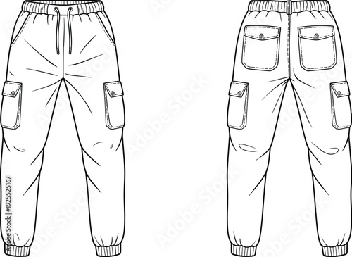 Men cargo jogger pants CAD drawing, flat vector technical illustration with front and back views isolated on white background
