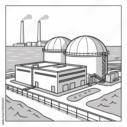 A black and white drawing of a nuclear power plant
