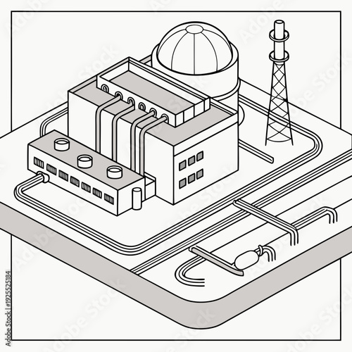 A large industrial building with a dome on top and a tower