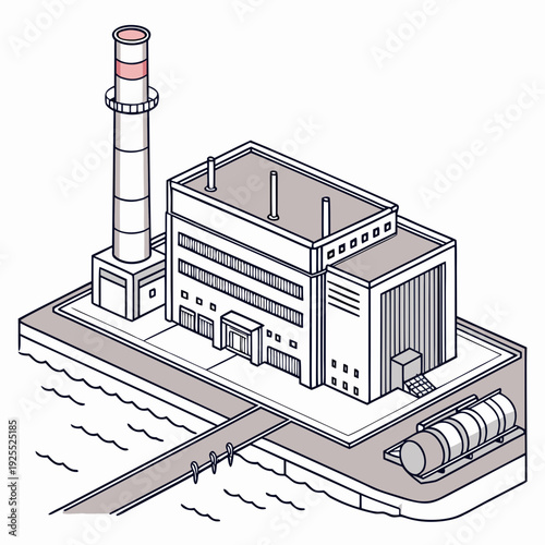 A large industrial building with a smokestack