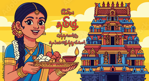 Happy Tamil New Year Illustration of Traditional South Indian Woman in Saree with Temple Background