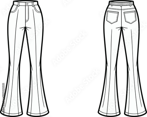 Women slim fit flared jeans CAD drawing, flat vector technical illustration with front and back views isolated on white background