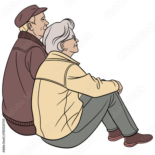 An elderly couple sitting on the ground looking ahead