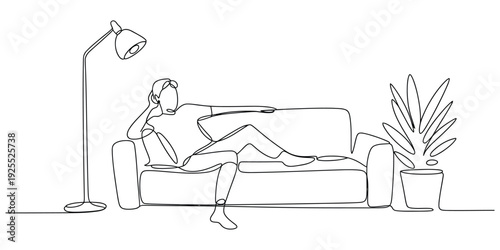 Minimalist continuous line drawing of woman relaxing on sofa at home