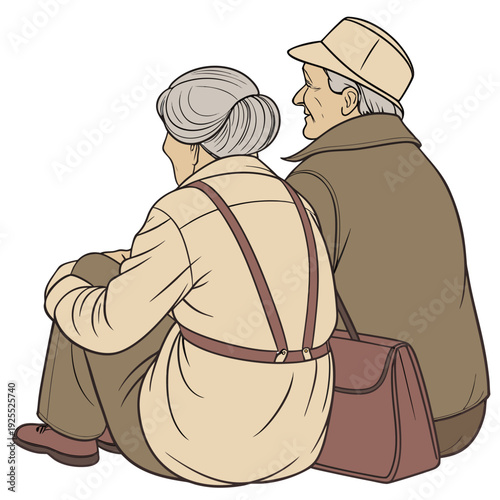 An elderly man and woman sitting together on the ground
