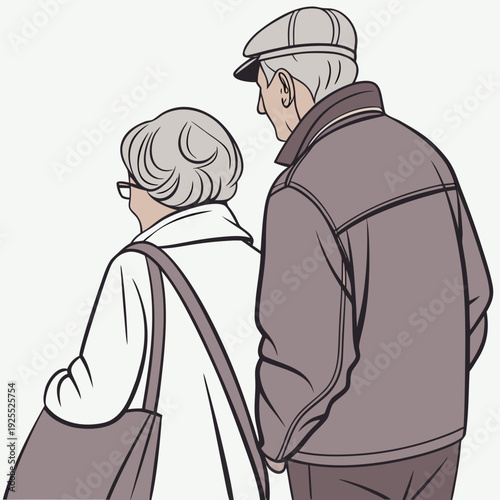 Elderly couple walking together from behind