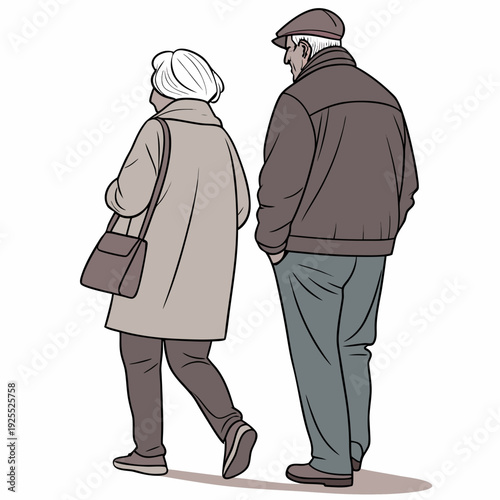 An elderly couple walking together from behind