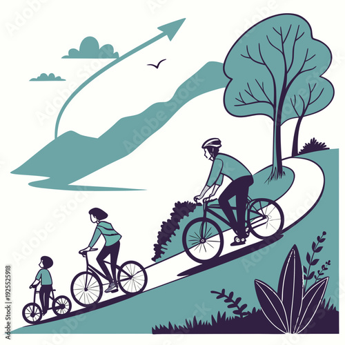Family riding bicycles on a scenic outdoor trail together