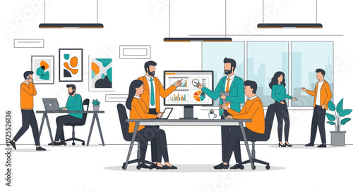 Business team collaborating in modern office meeting.